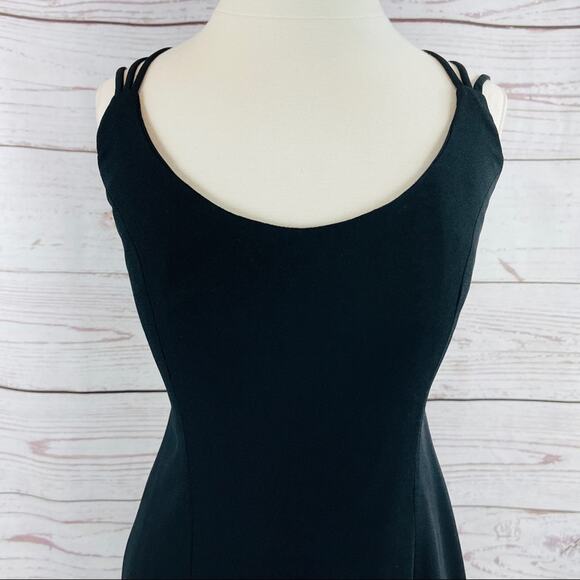 Cache vintage long black dress crisscross back silk front slit - Picture 4 of 13